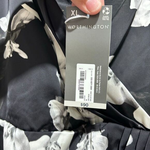 NWT Worthington Industries Midi Slip Dress XL V Neck Back Zip Black White Floral - Picture 8 of 14